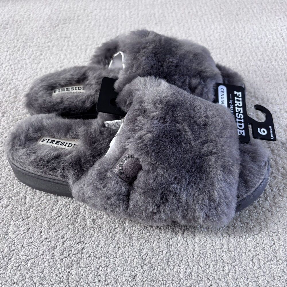 NWT Women’s Dearfoams Fireside Genuine Shearling Slippers Grey Size 9 Cozy